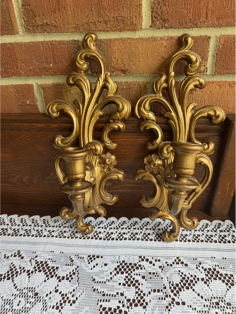 Pair of Vintage Ornate Gold Painted Plastic Wall Candle Sconces